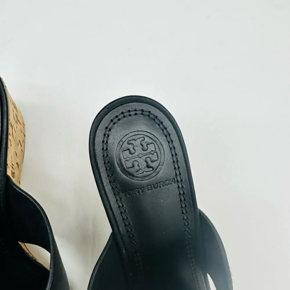Tory Burch Crossover Sandal Wedge Slide Calf Leather Cork Heel Comfy Black